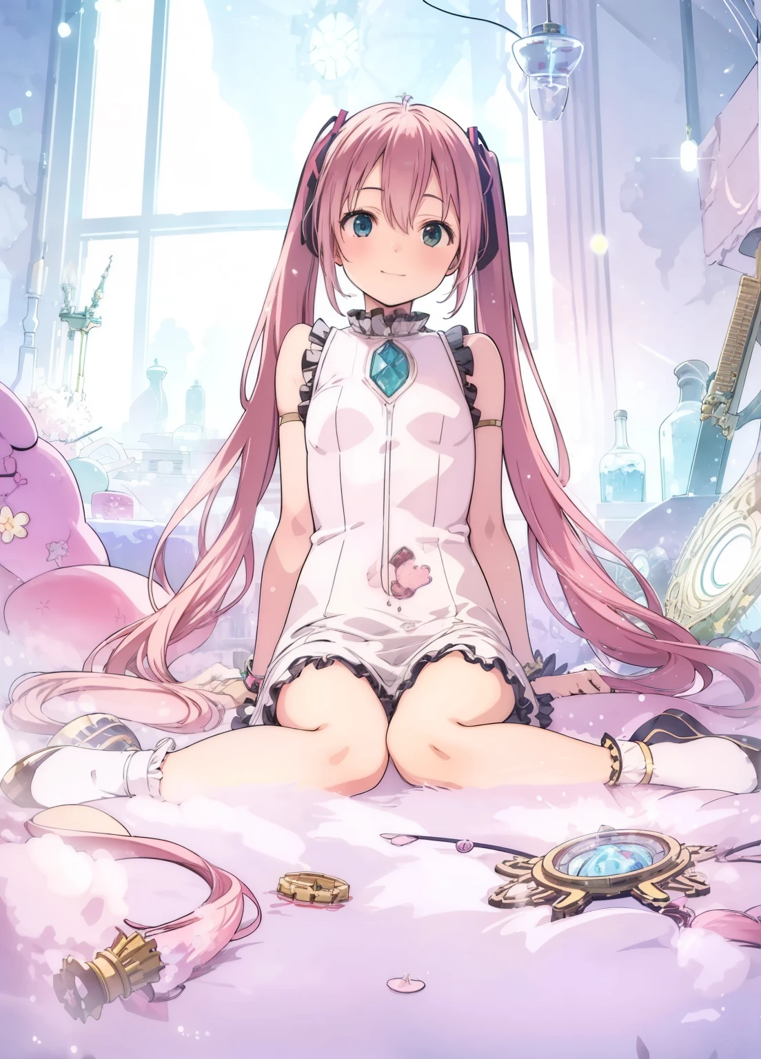 (masterpiece、Best Quality、Best Quality、Official Art、Beautiful and beautiful:1.2)、(One person:1.3)Hatsune Miku、Twin tails,Beautiful breasts,masterpiece, High resolution, Beautiful girl in anime style, In a dirty Erlenmeyer flask, Immersed in liquid, Homunculus, Magic Circle, Small room with fluorescent flash, Perfect and beautiful girl, No clothes, Illuminated from within, Staring at the audience, Laughter, 3D Rendering, perspective, wonderfulアニメイラスト, Impressive lighting, wonderful, Dangerous, Monstrous