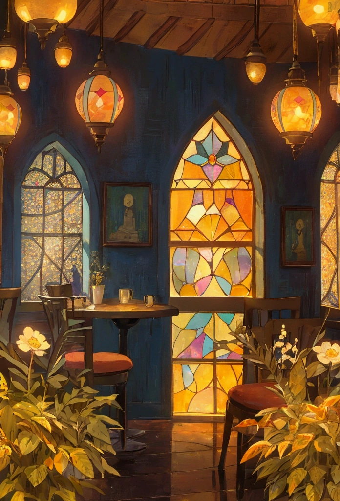 "A dimly lit cafe scene with a cozy, intimate atmosphere, featuring a round table with two chairs near a large window. The night sky is visible through the window, filled with twinkling lights and stars, creating a dreamy, abstract effect. The window has stained glass panels with warm colors like orange, red, and yellow, casting soft, glowing light into the room. The walls are adorned with a mosaic of small, glowing orbs, adding to the magical ambiance. The art style is reminiscent of Gustav Klimt, with intricate patterns and a rich color palette of dark blues, golds, and deep oranges."

---sref 1468417629