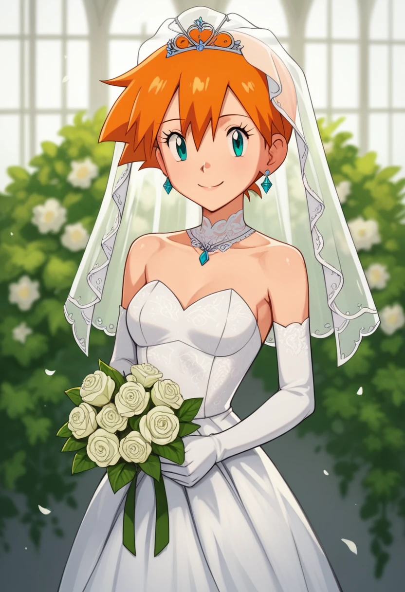  1girl, solo, misty \(pokemon\), orange hair, long hair, hair between eyes, aqua eyes, eyelashes, looking at viewer, smile,  closed mouth, bangs, bare shoulders, indoor, wedding dress, white dress, holding flowers, standing, long white elbow gloves