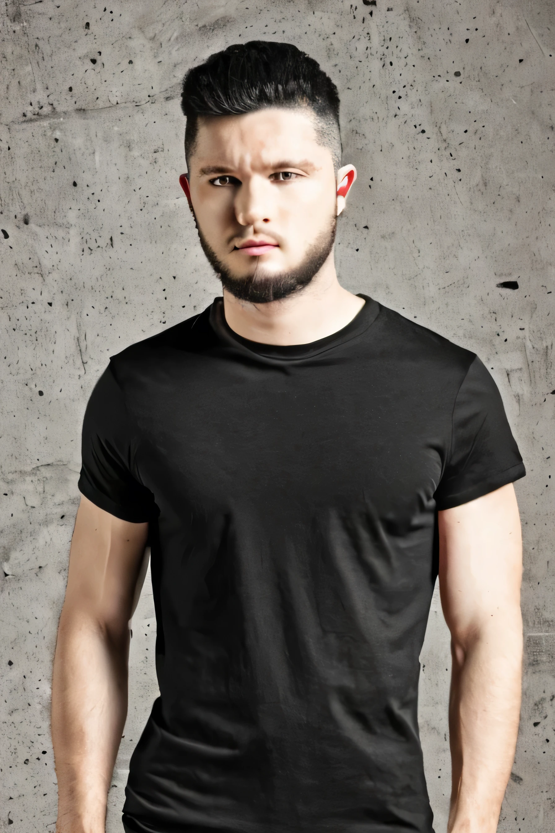 a black haired male model wearing a plain black t-shirt, full body shot, focus on the t-shirt, standing straight pose, (best quality,4k,8k,highres,masterpiece:1.2),ultra-detailed,(realistic,photorealistic,photo-realistic:1.37),HDR,studio lighting,professional,vivid colors