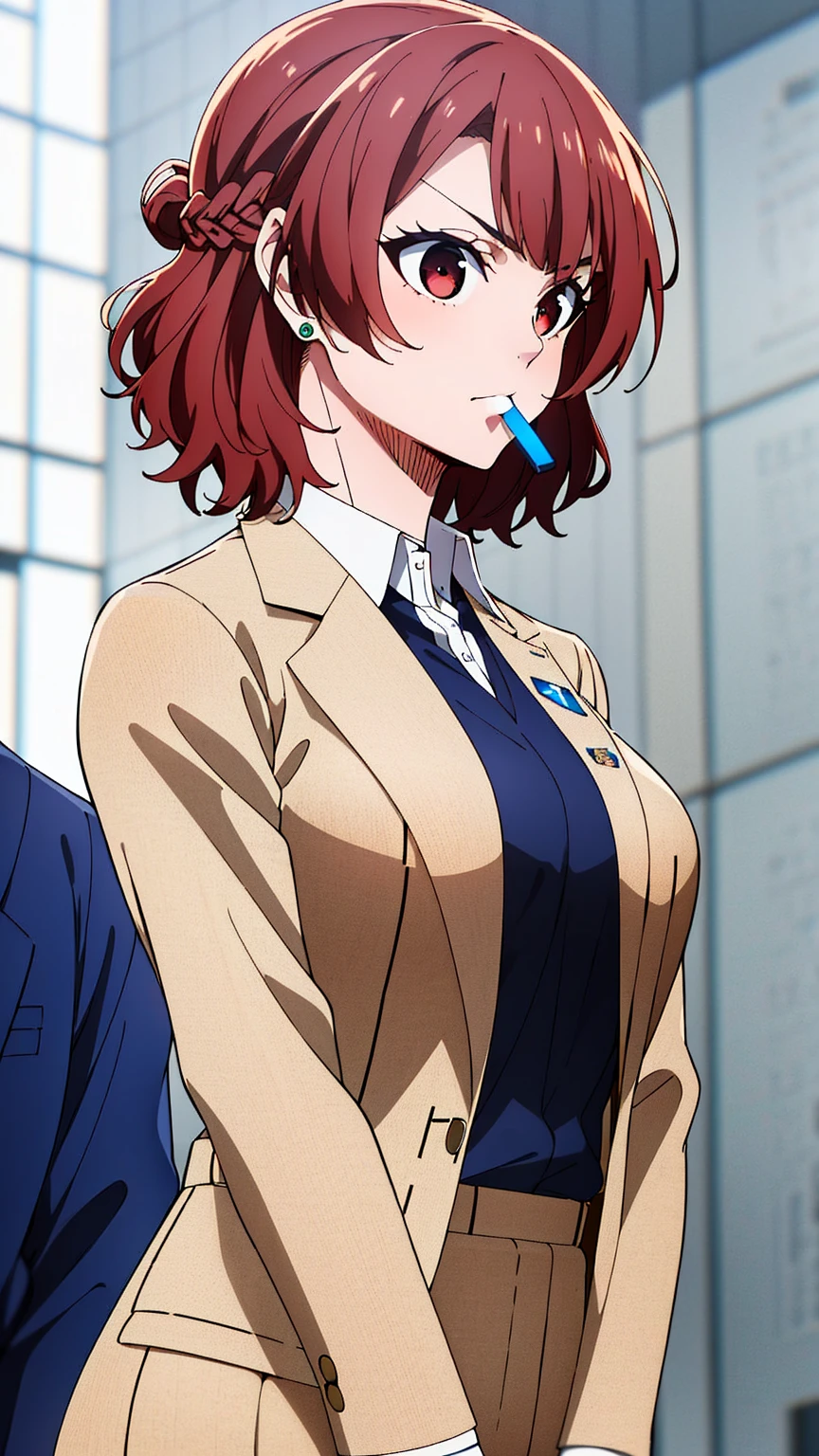 (masterpiece), (Best Quality), starter, One Girl, Alone, Chest, short_hair, 前hair, brown_hair, shirt, red_eye, brown_eye, jewelry, closure_mouth, jacket, upper_body, Braiding, red_hair, Earrings, collared_shirt, indoor, hair_good, V-shaped_eyebrow, window, formal, blazer, suit, green_shirt, French_Braiding, brown_jacket