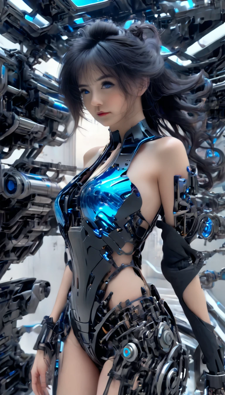 woman, Mechanical Blue Body ，Best Quality, masterpieceUltra HD, 8k,Futuristic spaceship interior，サイバーブルースーツを着たwoman，Black Hair，青 eyes，Shortcuts, Best Quality, High resolution, Ultra HD, blue eyes, 