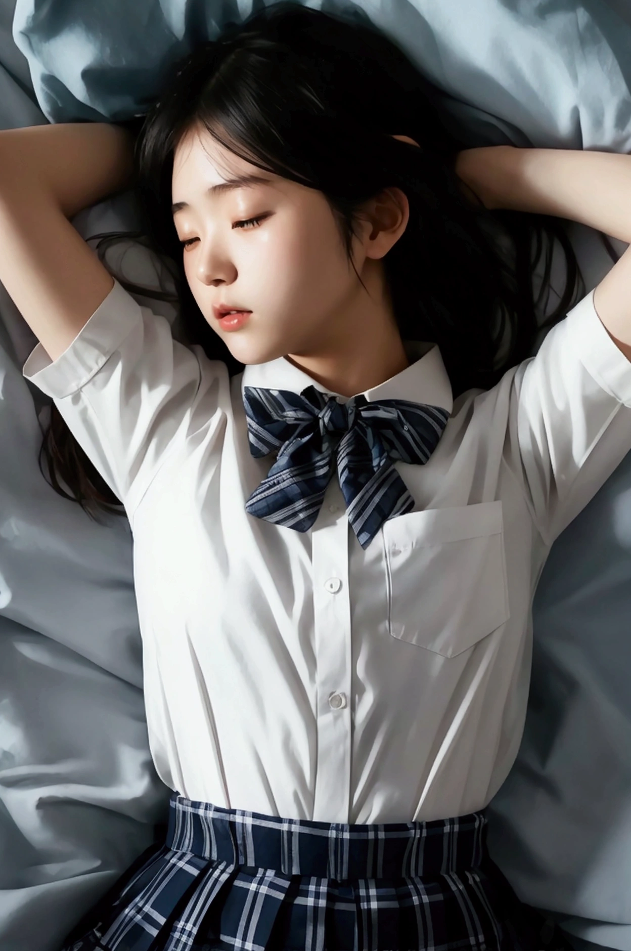 HD, 4k photo, super detailed, close up, A Young korean idol woman, high school uniforms with white tops and gray bottoms, blank gray tie, open yoyo mouth, sleeping, close your eyes, wet shot
