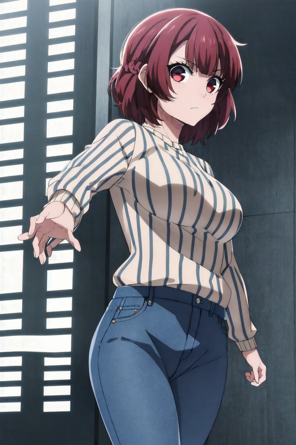 ((masterpiece)), ((Best Quality)), starter, One Girl, Medium Chest, short_hair, red_hair, red_eye, Alone_concentrated, indoor, 、Perfect body、Cowboy Shot、Score_9,Score_8_up,Score_7_up,One Girl,red hair,red eyes,short hair,Alone,Large Breasts,Ribbed sweater,jeans,Please put your hands behind your back,View your viewers,Surprised