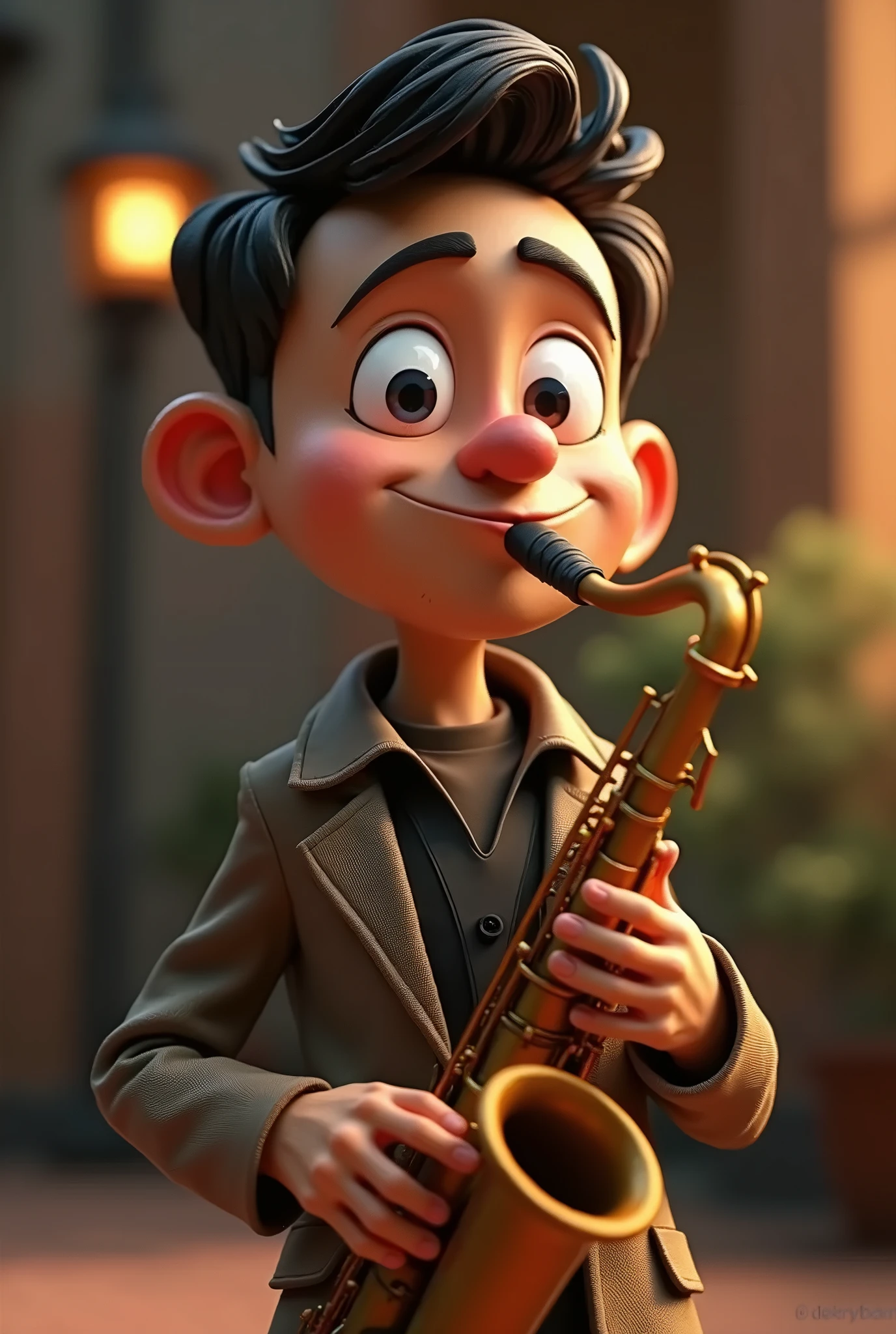 Cartoon character of a man holding a saxophone, an animated character, Stylized character, animation style rendering, stylized 3D, Arnold Maya rendering, Stylized 3D rendering, toon render keyshot, 3D Character, 3D Character, Stylized 3D rendering, 3D Character Rendering, Cartoon Character, Close up Character, Character Pose, (Pixar Style) (master part:1.2) (Bokeh Effect) (best quality) (detailed skin) (detailed texture) (8k) (lighting cinematographic)