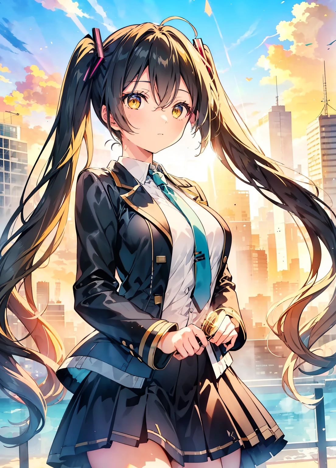 (masterpiece、Best Quality、Best Quality、Official Art、Beautiful and beautiful:1.2)、(One person:1.3)Hatsune Miku、Twin tails,Beautiful breasts,One person女の子, Intricate details, masterpiece, Best Quality, Extremely detailed,Cinematic Lighting, Beautiful details shine through, Beautifully detailed face and eyes, 8k, Dark, intense shadow, Yellow Eyes, Medium Hair, Black Hair, bangs, Floating Hair, Black Jacket, open jacket, White shirt, Expressionless, Yellow tie, Black Skirt, Spotlight, Sunshine, sunrise, Sky gradient, city, Lens Flare, Cowboy Shot, [[Curvy]], [Mature Woman]