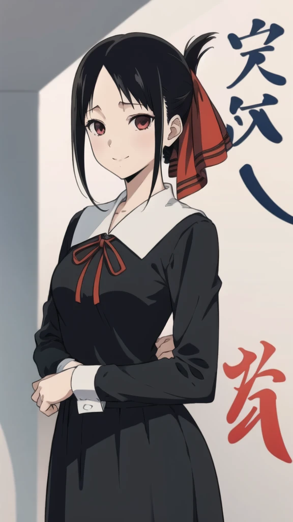 Thick outline, comics, Realistic, One girl, Alone, Small breasts, standing, Shinomiya_Kaguya, Parted bangs, Red ribbon, hair ribbon, Folded ponytail, Black Dress, school uniform, Long sleeve, Neck ribbon, Office, Detailed Background, Detailed face, Detailed eyes, smile
