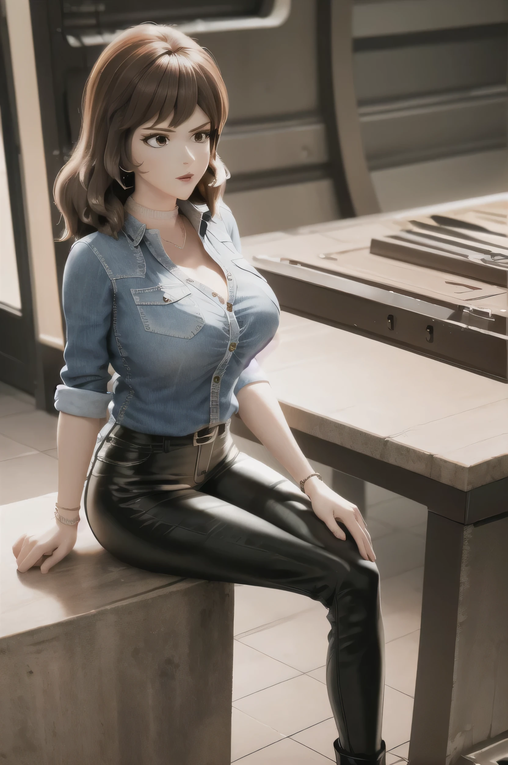 masterpiece, best quality, 1girl, solo, FujikoMine, medium hair, earrings, necklace, blue demin shirt,blue jeans shirt, black leather panta, boots, sexy, in the principal offcie
High Resolution, Masterpiece, black leather pants