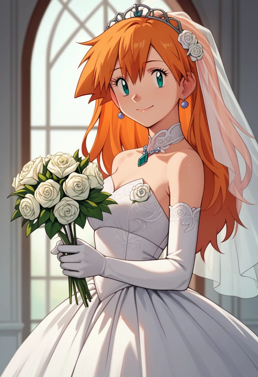 1girl, solo, misty \(pokemon\), orange hair, long hair, hair between eyes, aqua eyes, eyelashes, looking at viewer, smile, closed mouth, bangs, bare shoulders, indoor, wedding dress, white dress, holding flowers, standing, long white elbow gloves, pretty, beautiful girl 