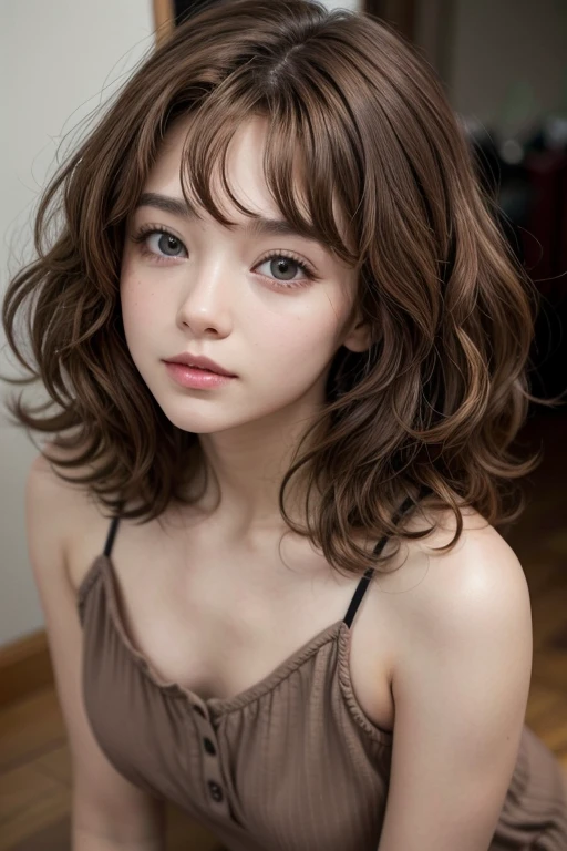 Curly hair curly bangs thin face big mouth dark brown eyes