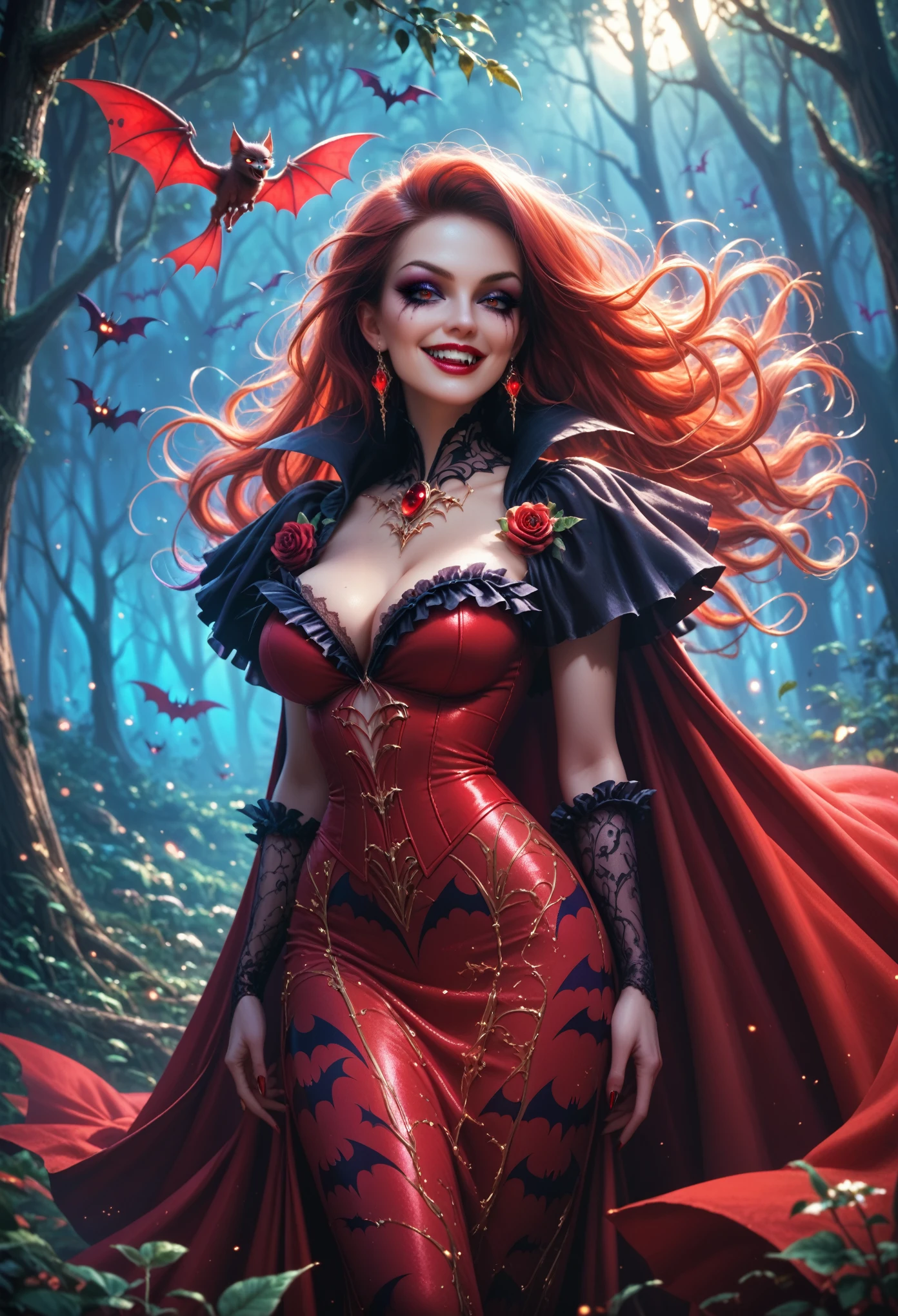 mature girl, sexy, Crisp Eyeshadow Not Blurry, smile, full height, Smirk Visible Fangs Teeth Clearly Drawn, Charming, Simply Beautiful Vampire, In the Night Wilderness, Bats, black red cape, Velvet Clothing with Patterns, Background Forest Massif in the Endless Spaces, Everything is Shrouded in Magic, Magical and beautiful, Wind Blows Long Silky Hair Lush and Shiny, dark gothic makeup, masterpiece, Maximum quality, Maximum Details, complex details, 8 k,