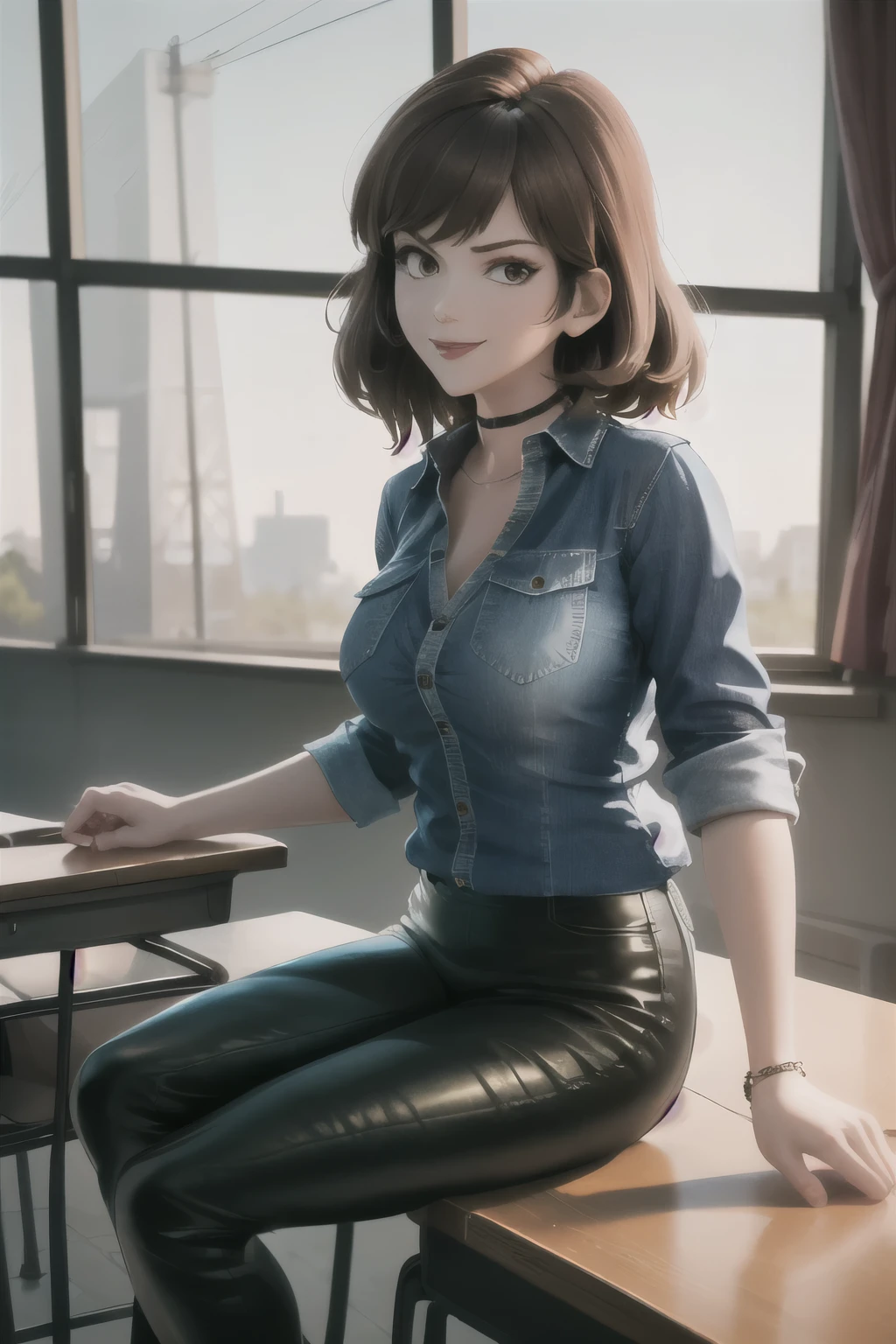 masterpiece, best quality, absurdres, 1girl, FujikoMine, in leather pants, medium hair, black choker, collared shirt, denim shirt, sleeves rolled up, black leather pants, sitting, outdoors, on classroom, smile,  kiss lupin, french kiss
