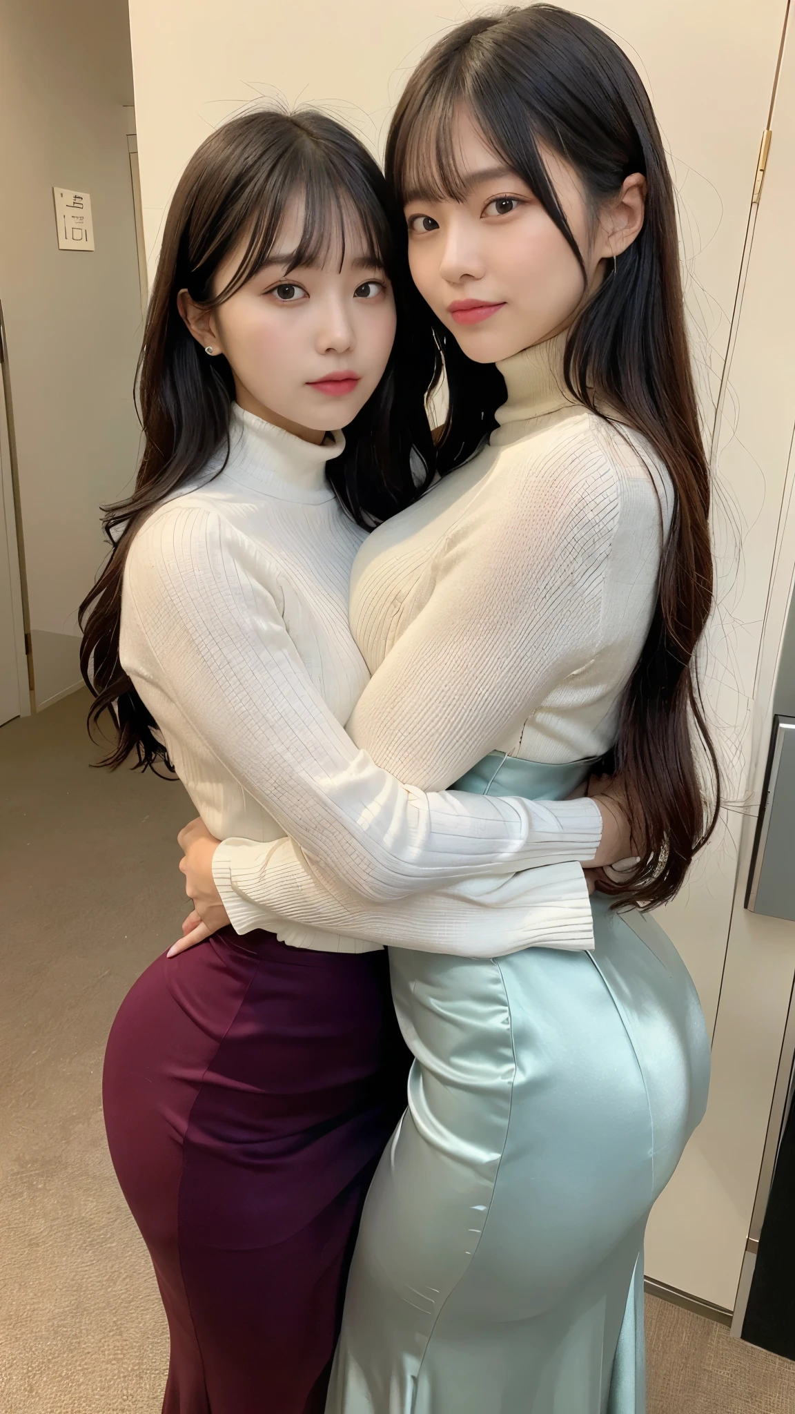 A composition that shows the subject up to the knees、(masterpiece,Best Quality,Ultra-high resolution),Extremely detailed CG,Bob hair with bangs、Beautiful and well-proportioned face、(((Two very beautiful Japanese women))),((Two women wearing high-waisted mermaid pencil skirts made of shiny satin)),((Maxi length long skirt))、Long sleeve turtleneck knit,(((They are hugging each other)))