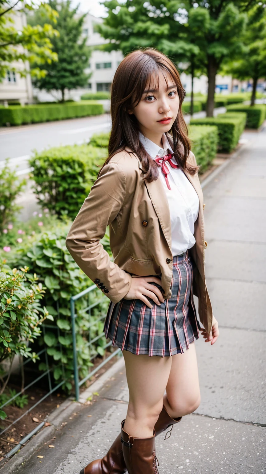 (Photorealistic), (ultra high realistic), (The ultra -The high-definition目), (ultra high detailed), (Increase contrast), (Increase saturation), (12 year old super beautiful girl), (light skinned)A pretty woman with perfect figure, Cute face,, (Lifelike face), a short bob、Hair hanging over the ears, Realistic eyes, natural make up、beautiful detail, (real looking skin), Beautiful skins, enticing, The ultra -The high-definition, A hyper-realistic, Realistic, Very detailed,, bangss), (White feather short coat and knee-high boots、japanese cute idol, Tartan check、I can see the cleavage)((Very short miniskirt)) Brown hair,cafes、a chair、Beautiful valley、beutiful breast、thin-waist、big butts、Cross your legs、Looking back、Shot from behind