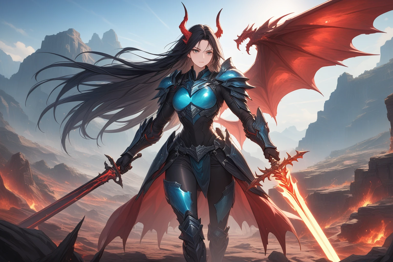((best quality)), ((masterpiece)),(detailed), Battle, woman,warrior, dark, sexly, big , firestorm, night, with a dragon in the background