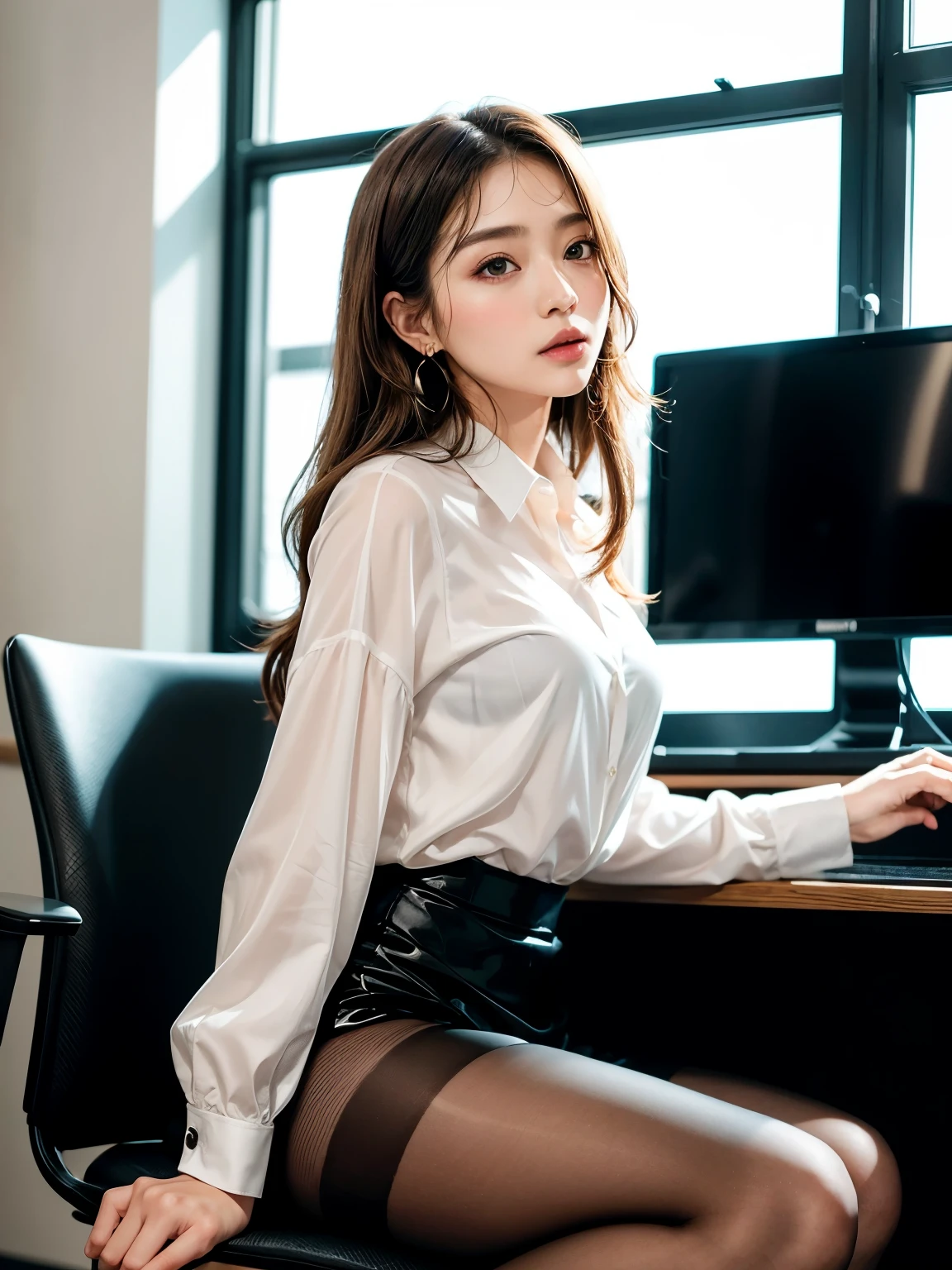 1girl, looking at viewer, sexy office lady, japan background, (dramatic angle, dynamic pose),