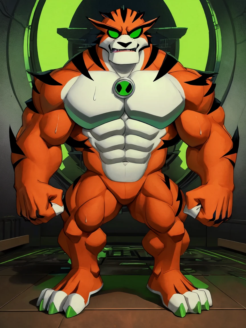 score_9, score_8_up, score_7_up, score_6_up, score_5_up, score_4_up,best quality,1boy,solo,muscular male,hi res,8k hd,looking at viewer,arms_raised,(by cartoon-network:1.2,by Zhenelov:1.1),masterpiece,best quality,(rath_(ben_10),orange skins):0.9,solo,hi res,8k hd,((nudiest:1.7)),(((green eyes,no pupils:1.7))),full body shot,((show legs&feet)),detailed background((flawless design)),(((rugged body,wide_chest,wide_abs,wide_legs,wide_feet,big muscular,better eyes,better pupils,better hands,better fingers,better fist))),standing,confident dramatic muscle-man posing,one-hand over the chest,perfect onmitrix buttom,sweating