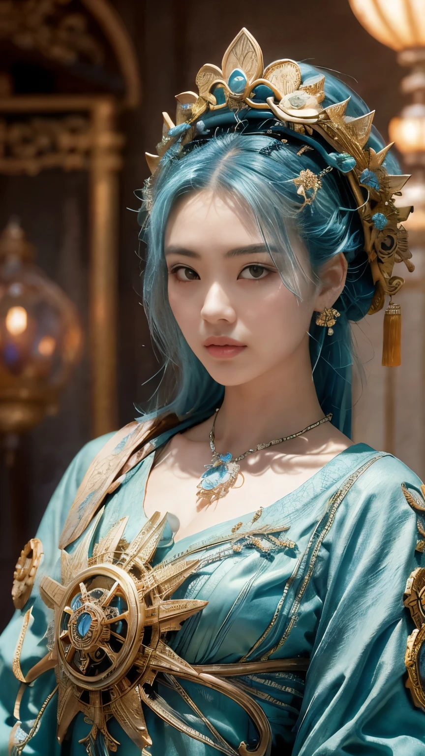 A subtle Chinese woman with a subtle characteristic, full lips,looking at the audience， a smooth tan tan tone, blue hair, and blue hair are decorated with countless complex vortex elements, gears, gears, flower patterns, beads Hanging gorgeous jewelry conveys a tranquil contemplation; the Victorian style inspired by steam punk is injected into organic and mechanical aesthetics; the tranquil statue postures tranquility