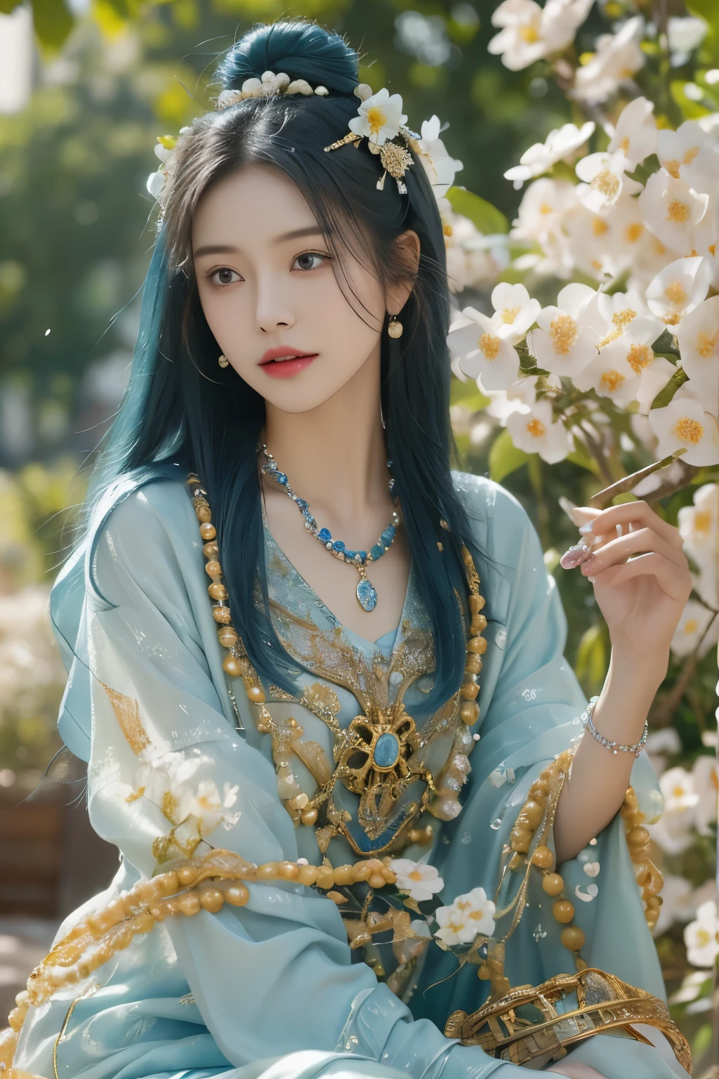 A subtle Chinese woman with a subtle characteristic, full lips, a smooth tan tan tone, blue hair, and blue hair are decorated with countless complex vortex elements, gears, gears, flower patterns, beads, beads, beads, beads, beads, beads, beads, beads, beads, beads, beads, beads, beads, beads, beads, beads, beads, beads, beads Hanging gorgeous jewelry conveys a tranquil contemplation; the Victorian style inspired by steam punk is injected into organic and mechanical aesthetics; the tranquil statue postures tranquility; -v2: 1.0>
