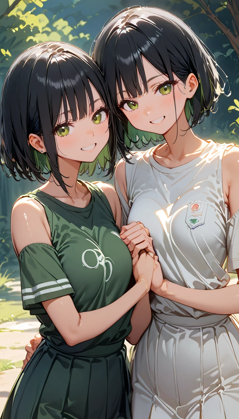 Best Quality, Super Fine, 8k, So ridiculous, Very detailed, 2.5D, Beautiful Goddess, Delicate and dynamic, Black Hair, Bobcut, Very young, Small breasts, official art,Friendly couple,Couple,Holding hands