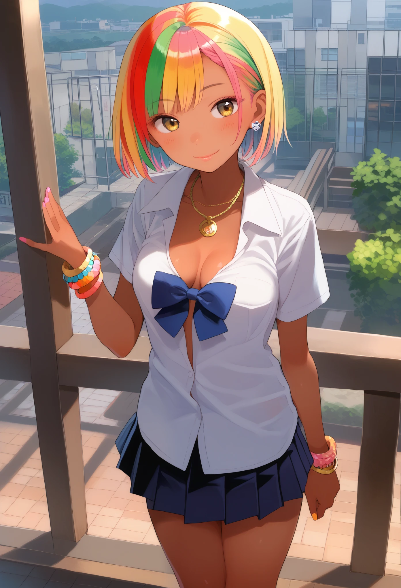 score_9, score_8_up, score_7_up, source_anime, (nsfw, Japanese Gal, JK, Gyaru), (1girl, solo), 16years old, (natural skin, reddish brown skin), (short hair, multicolored hair, yellow hair, colorful hair), (big round eyes, yellow eyes), lips, smile, (white shirt, open chest, bow, medium breasts), pleated skirt, white sox, sports shoes, BREAK (silver ear cuff, gold necklace, colorful bracelet), (indoors, standing in the school rooftop)