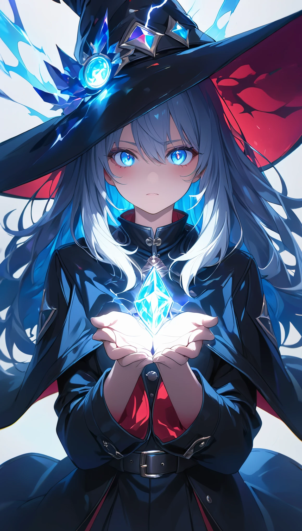 ((masterpiece)), (detailed), perfect face, high detailed eyes, ray tracing, super detail, textured skin, highres, Black leather coat, red inner shirt, leather belt, Wizard, witch, blue light, (Shoots blue lightning from her hand), silver hair, long hair, crystal hair, expressive hair, anime style, Thrust her hands forward and radiate magical light