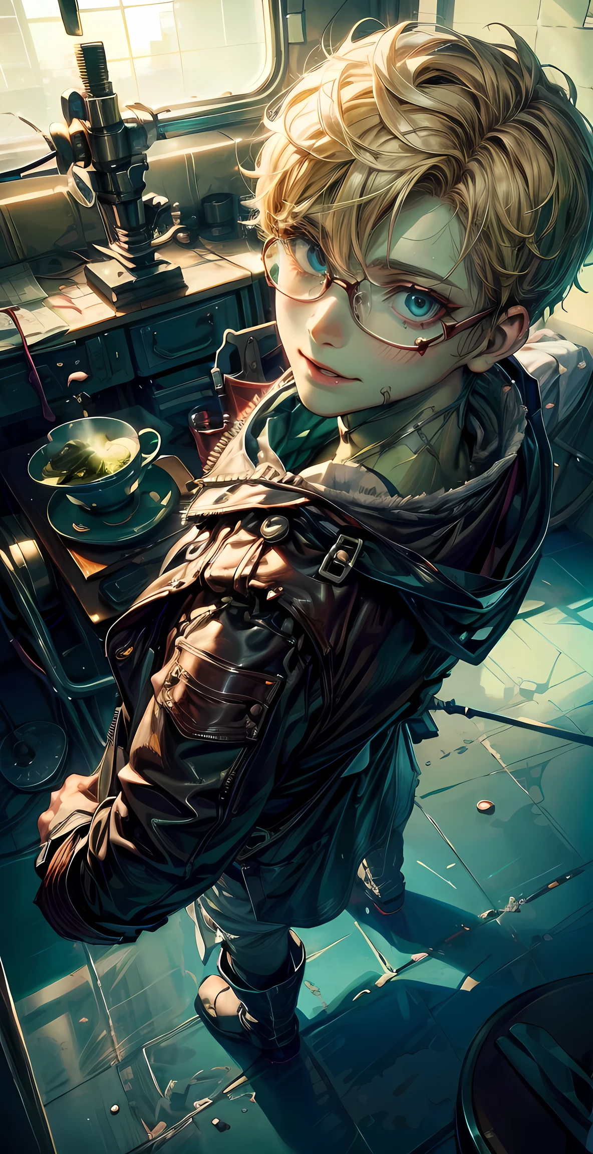 (masterpiece), best quality, expressive eyes, perfect face, 1boy, blue eyes, (((green skin))), blonde short hair, handsome, ((young man)), ((surgical stitches on fave)), ((surgical stitches on body)), toned physique, muscular, screw, bolts on neck, smiling, glasses, sitting, teacup, long sleeves, standing, white coat, leather, boots, winter clothing, old castle, beautiful scenery, foreshortening, full body, shoulder-to-shoulder, face-to-face, viewed from above, ((close up)), face view