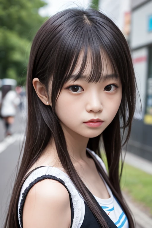 Girl facing a difficult situation、Dark hair、Black eyes、