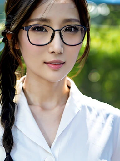 (High image quality, 8k, 4K, High Contrast, masterpiece:1.2, 最High image quality, Best aesthetics), (Dynamic Angle), ((1 female)), Erotic, sexy, Mature Body, ＪＫ, , Braiding, Glasses, sexyな唇, Excited, chairman, Sailor suit:1.2, Open your mouth.