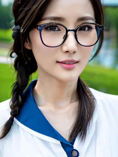 (High image quality, 8k, 4K, High Contrast, masterpiece:1.2, 最High image quality, Best aesthetics), (Dynamic Angle), ((1 female)), Erotic, sexy, Mature Body, ＪＫ, , Braiding, Glasses, sexyな唇, Excited, chairman, Sailor suit:1.2, Open your mouth.