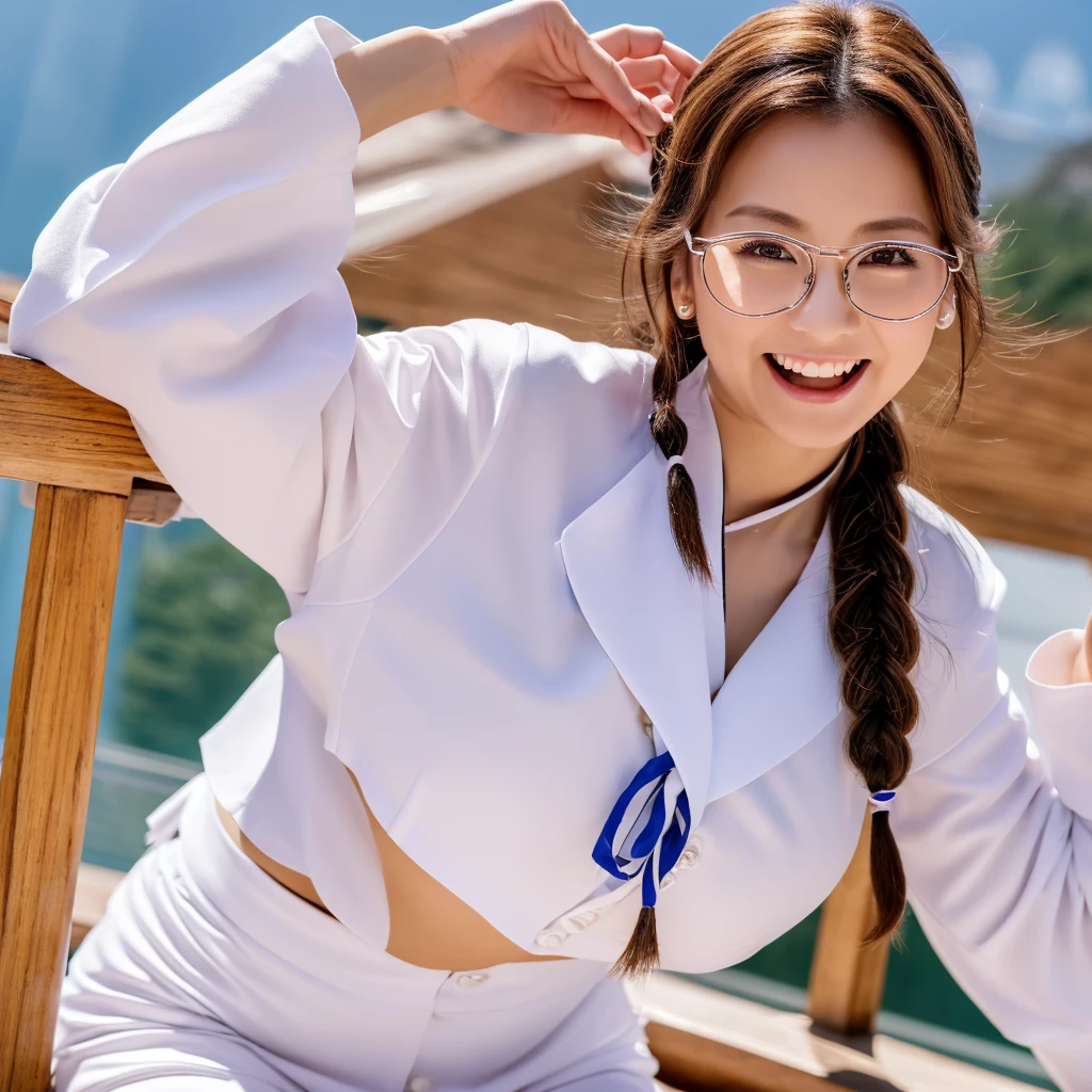 (High image quality, 8k, 4K, High Contrast, masterpiece:1.2, 最High image quality, Best aesthetics), (Dynamic Angle), ((1 female)), Erotic, sexy, Mature Body, ＪＫ, , Braiding, Glasses, sexyな唇, Excited, chairman, Sailor suit:1.2, Open your mouth.