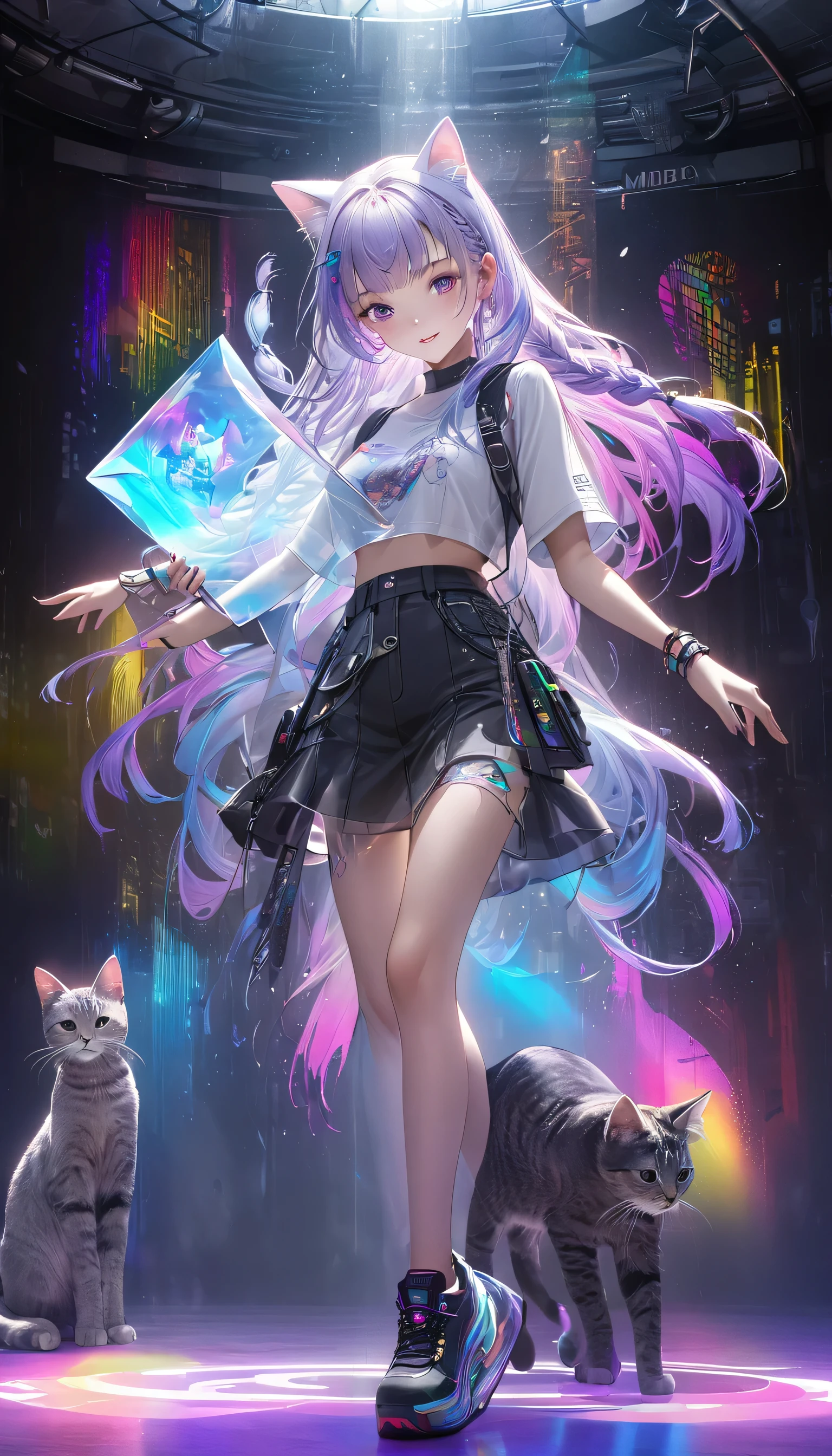 Full Color, (Transparency:2.0), 
break Ultra-realism, Detailed and realistic skin texture, Detailed and intricate texture, Intricate and complex brushwork, Detailed and vivid depiction, Transparent depiction, Midea, 
Girl with cat, DJ girl in the club, cyberpunk, White and purple gradient braided long hair, Neon Holographic transparent cat dancing like a human, break Neon Art Background, Cinematic lighting effects, Transparent light, Mysterious Light, Fantastic Fog, Cryptic, 
break ((Fantastic rainbow colors, Holographic)), (Detailed and transparent depiction, Transparency:1.6), 