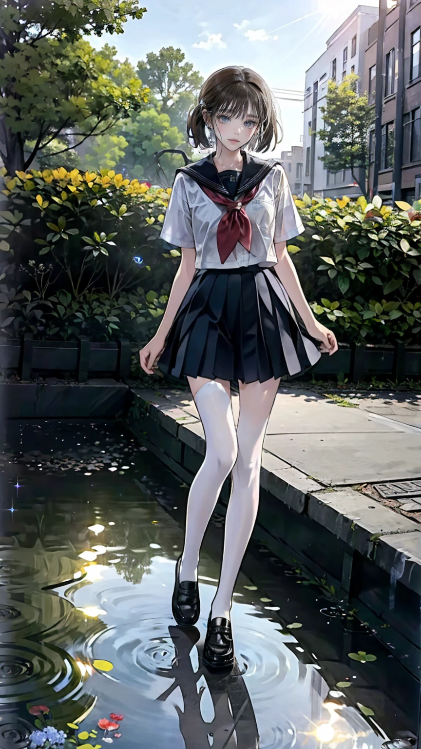 (Alone), cute (One Girl) walk,path,[From below:1.2],Brown Hair,Short hair sign,Brown eyes,puddle,Water reflection,rain,Floating Droplets,Hydrangea,(Blurred foreground),Dynamic Angle,asphalt,(blue sky),Lens Flare,school uniform,(Sparkling:1.2)