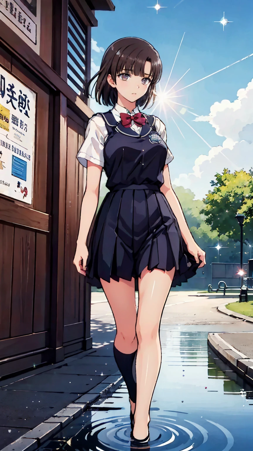 (Alone), cute (One Girl) walk,path,[From below:1.2],Brown Hair,Short hair sign,Brown eyes,puddle,Water reflection,rain,Floating Droplets,Hydrangea,(Blurred foreground),Dynamic Angle,asphalt,(blue sky),Lens Flare,school uniform,(Sparkling:1.2)