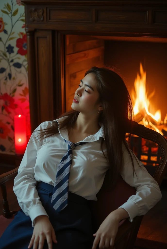 A woman white fireplace, its navy blue skirt, crisp white shirt, and striped tie creating a whimsical contrast against the warm glow emanating from the flames. The doll's long brown hair cascades down her back as she reclines, eyes shut in contemplation, while the soft red candlelight casts a romantic ambiance on the floral wallpaper-lined wall behind her.