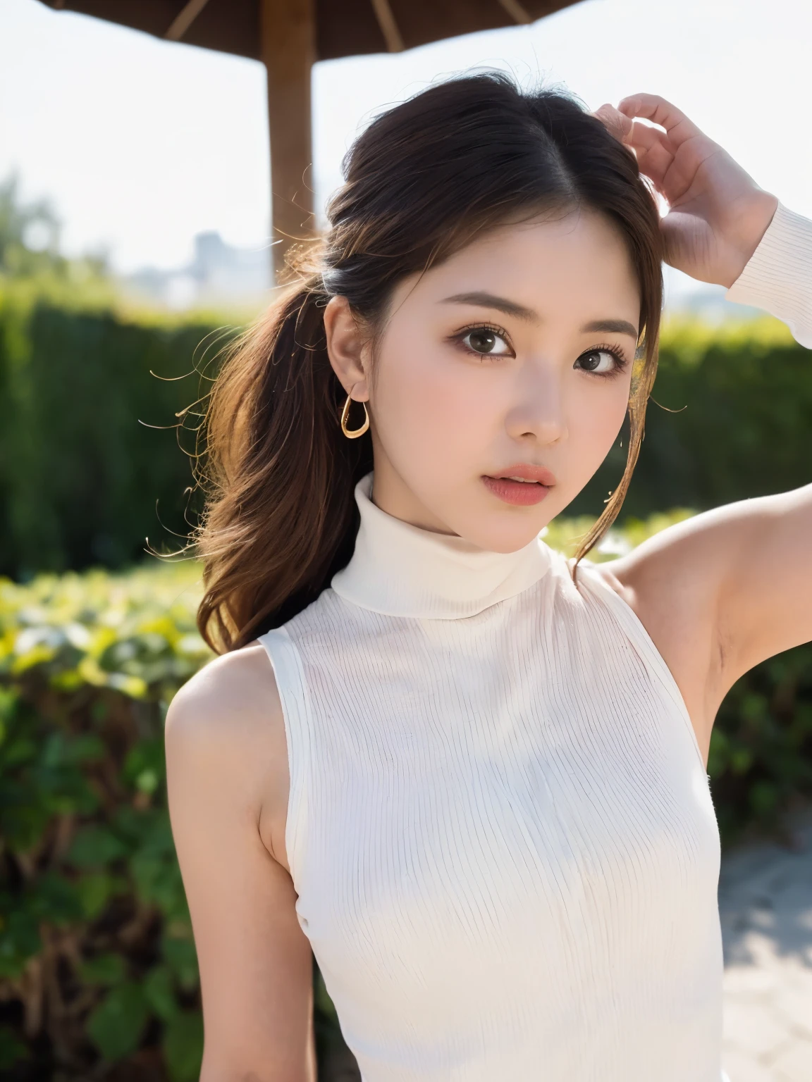 (masterpiece:1.5)、(Realistic:1.5)、(Highest quality:1.4、8K、RAW Photos)、 Ultra-high resolution、Professional Lighting、Perfect dynamic composition、Outdoor Shot、 Film Grain、chromatic aberration、(Bokeh:1.1)、 Frank、Sophisticated、charm、Surreal、High detail、Golden Ratio、 (1 Girl)、Slender girl、繊細でcharm女の子、Cute Woman:1.4、 Serious expression、Looking at the audience、Various poses、 Light brown hair、Shiny Hair、Hairstyle: ponytail、 Realistic looking skin、 shut up.、Beautiful Eyes、double eyelid、Thin arms、、 (Wearing a white ribbed turtleneck sleeveless dress:1.3), (Ultra-realistic pantyhose),