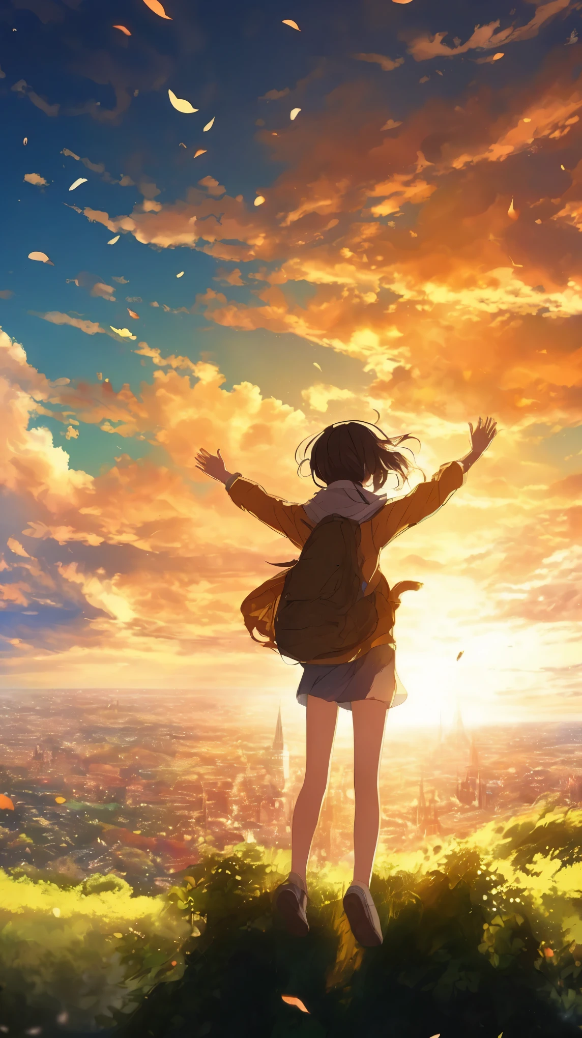 Anime girl standing on a hill with her arms outstretched in the air ...
