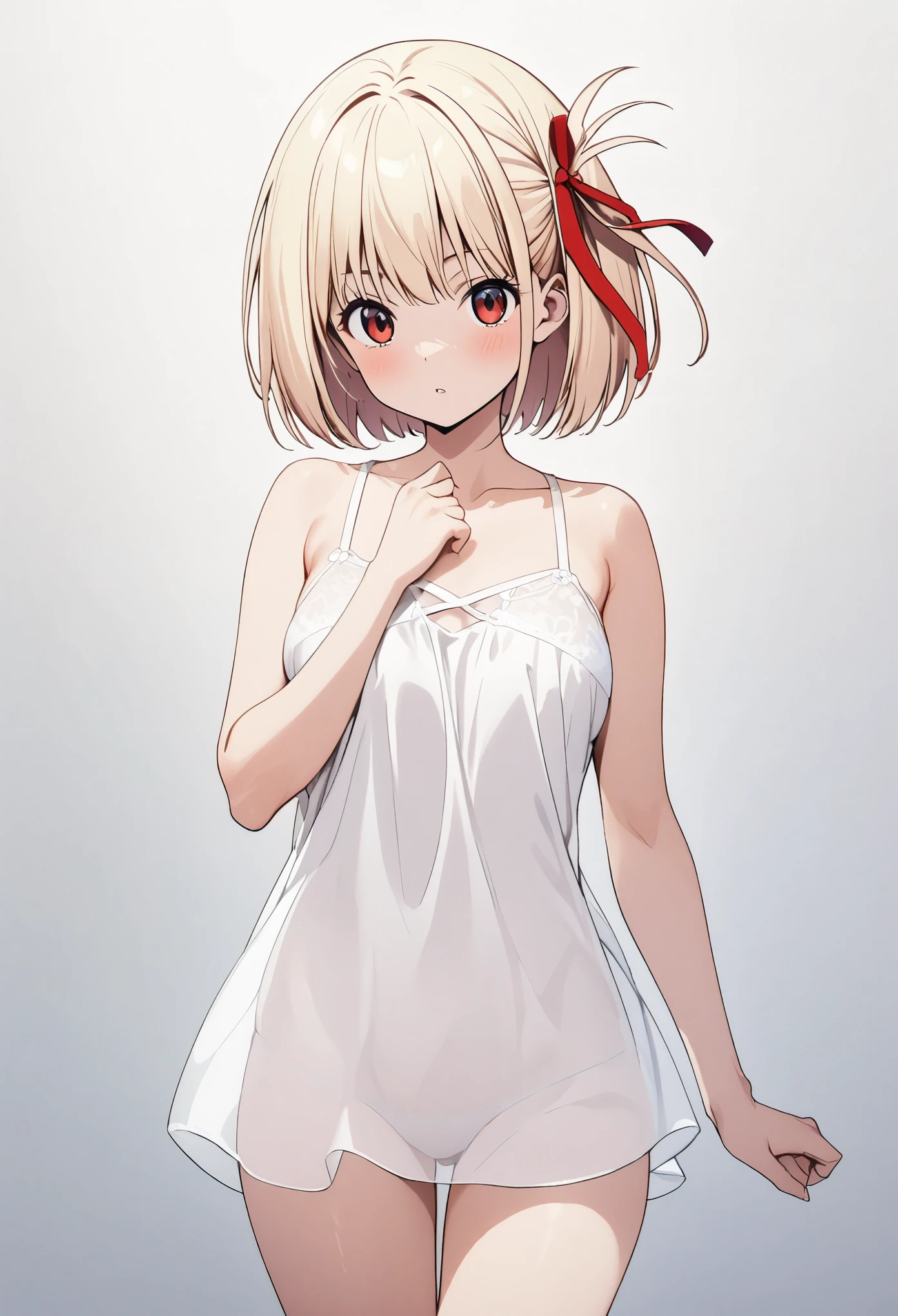 chisato nishikigi, short hair, bangs, blonde hair, red eyes, hair ribbon, One side up, bob cut,shirt,long shot、White Lingerie、Thighs、whole body、clavicle