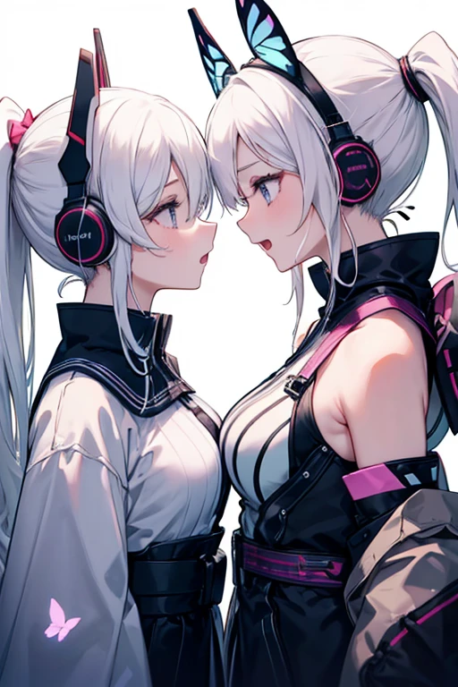(2girls), red eyes, mature, (((white hair)))), both white hair, pigtails, long hair,, x ornament, big lips, pretty lips, ((gyaru)), gyaru hairstyle,good hips and long legs, hourglass shape, pretty face with arms and legs, 2 4 year old female model, sporty, photo of slim girl model, sexy, gamer girls, gamer, holding each other, gamer girl outfit, gamer girl headset