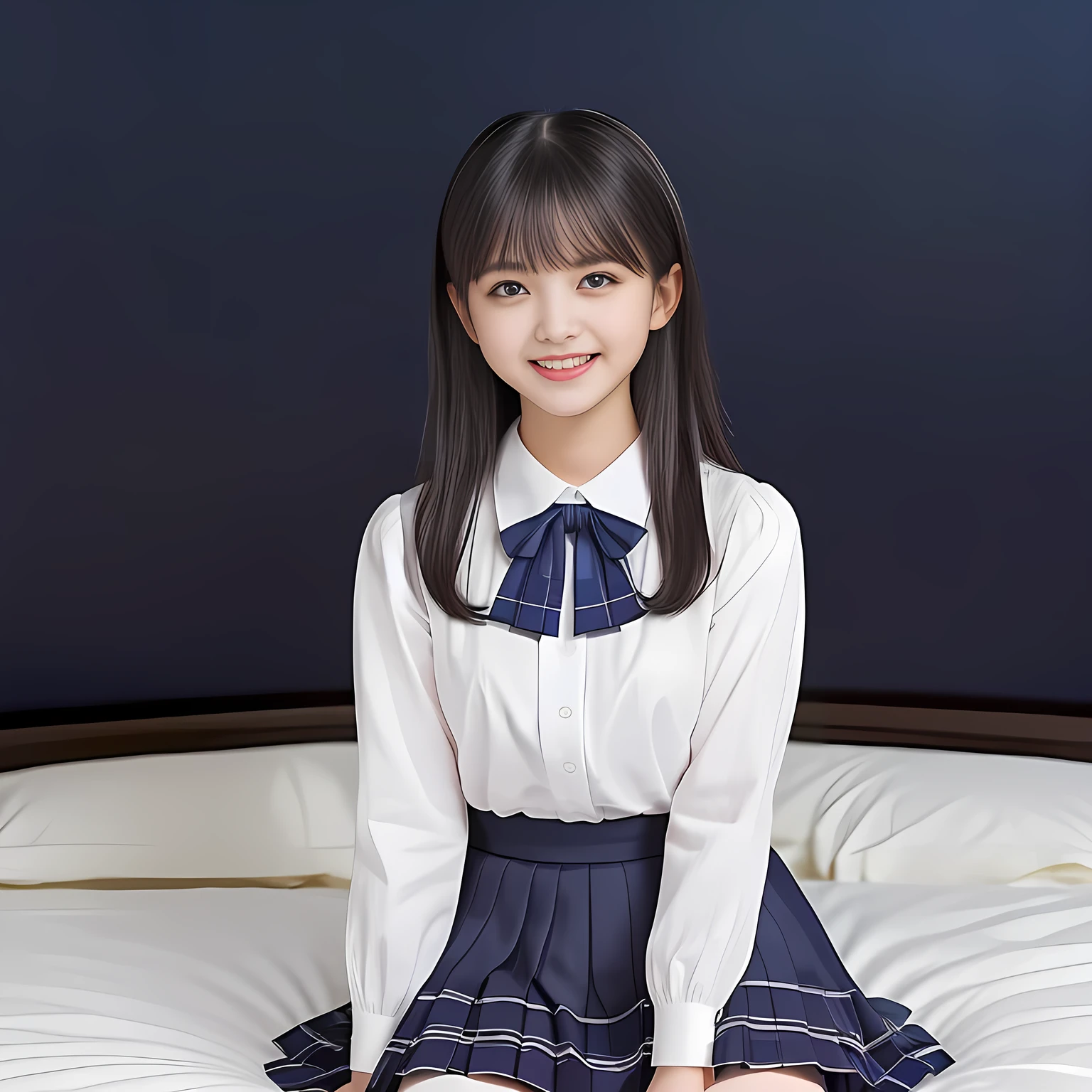 (Highest quality, masterpiece:1.2), Highest quality, High resolution, 1080P, 8k, height: 158cm, (Multiple cute girls: 1.7), (Noble, Japanese **** truly-girly-girl is seated on a blue gorgeous bed and smiling directly at me in school uniform, blushed shyly, Hypnotizing me with her cuteness: 1.8), well-grown breast and nice style, (well arranged, balanced, untied, neat glossy wavy wavy super-long hair), (Half-closed, Very sleepy, Double-deep-eyelids, completely balanced, brown large large dreaming Japanese **** eyes, with detailed beautifully: 1.6), (Very-glossy lustrous lips: 1.8), (high nose: 1.2), (Rich and long bottom-eye-slashes: 1.2), (Drives me crazy for her navy-colored neat tartan plaid blue skirts and make me fall into her navy-colored plaid-print pleats skirt: 1.4), (Fine white-face that looks like she has never been out of home: 1.6), (Noble ****ta girly feminine frilled frilled clean frilled white girly long-sleeves blouse: 1.6), (Navy pleated plaid skirt: 1.5), (Plain-white big ribbon on the breast), (The background is a hypnotizing blue bed of evil-succubus background: 1.8), (Girl whom everyone loves because of her beauty and neat school fashion and noble manner and magic-charm of succubus: 1.7), (full body shot from above her head), (jolly face expression), (evenly cut curled glossy rich beautiful bangs: 1.6), (bright light hitting her white-face and skirt clearly beautifully), (Very very large, dreamy, Adorable eyes, Looking the body: 1.5), white-shining skin, (She is touching her lips with her both hands finger: 1.2)