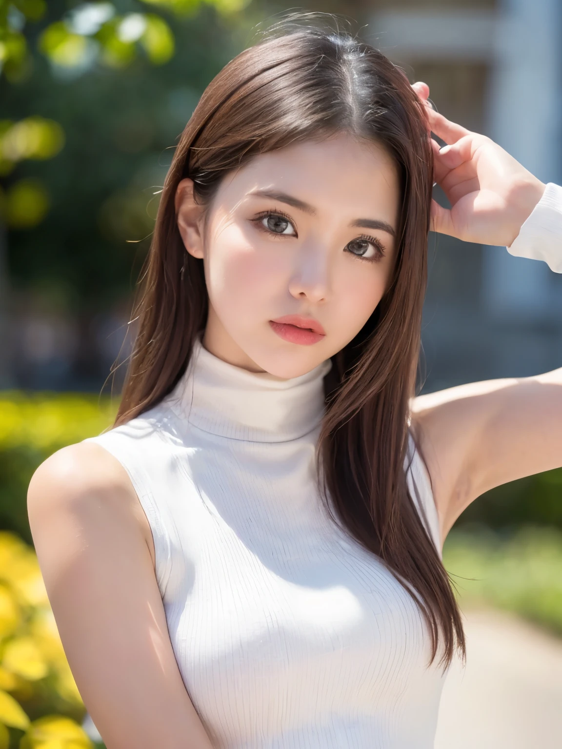 Tabletop, highest quality, Photorealistic, In detail, High resolution, 8k wallpaper, Perfect dynamic composition, Beautiful fine details, Medium Hair, Random sexy poses,Put your chest together、(Very Small Mock Neck Crop Tank Top White Knitwear)、Laughter、Open your mouth、Resort scenery、23 years old、(Droopy Eyes 1.4)、Adult Beauty、Japanese