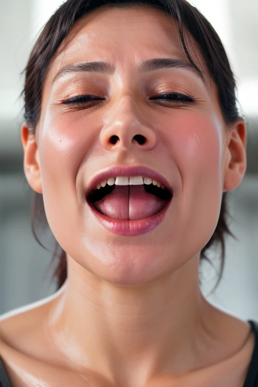 Flying debris,Award-winning photo, Very detailed, Edge Orgasm, Woman with open mouth and closed eyes , Sweaty skin、Lighting that highlights shiny sweat{{{Spread the word }}}, Black Hair、Browsing Caution,{{{{Crowd of elderly male spectators,Surrounded by men,}}}},(length, Narrow nostrils)、Raise your arms behind your head,(Sticking out a long tongue)