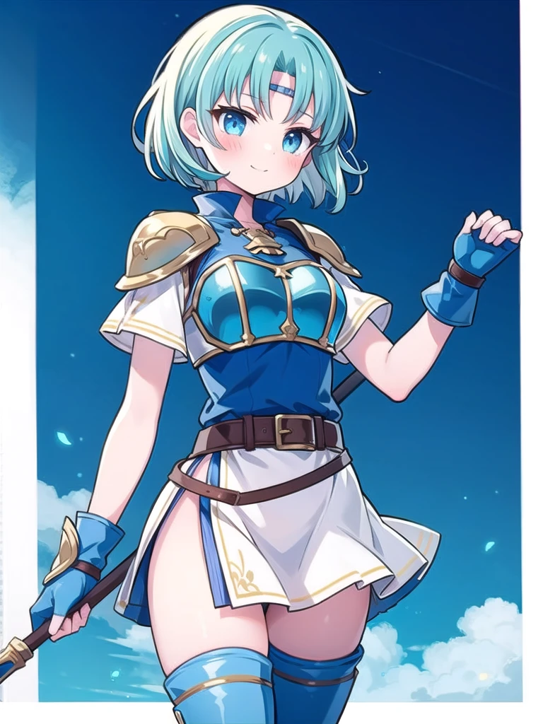 1girl, solo, masterpiece, best quality, perfect hands, blush, thea, cyan hair, short hair, blue dress, blue elbow gloves, belt, blue fingerless gloves, armor, blue thigh boots, short dress, side slit, blue breastplate, headband, smile, spear, parted bangs, white skirt, thigh boots, holding, holding spear, short sleeves, blue eyes, miniskirt, zettai ryouiki, closed mouth, pleated skirt, thighhighs, shoulder armor, circlet, pauldrons