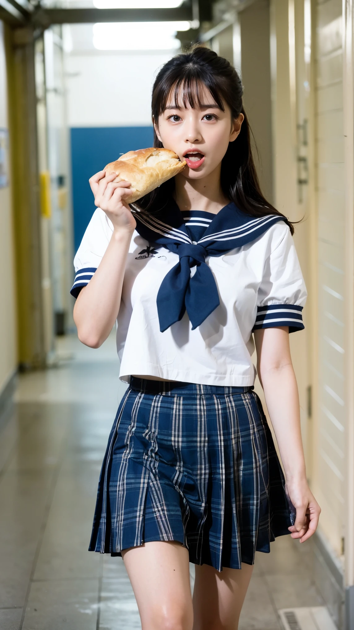 ((最High image quality、8k、masterpiece:1.3))、Photorealistic, Sharp focus, High image quality, High resolution, 1 person、Japanese、woman, beautiful woman,((High School Uniform)) 、((Short-sleeved sailor uniform))、((Light blue checkered pleated skirt))、(Red school ribbon), Medium Long Hair、large breasts,White shoes、 Running towards me down the hallways of a Japanese high school、((Full speed)),open mouth,(((Holding a loaf of bread in his mouth)))
