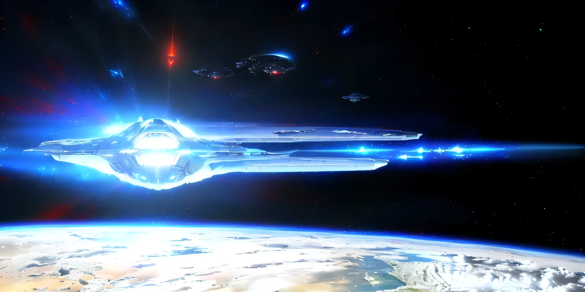 spaceship flying over the earth with a bright yellow light coming from it, mass effect, hd vfx - 9, an epic space ship scene, spaceship flies in the distance, hd wallpaper, high tech spaceships, mass effect inspired. (((((Make it red)), make it alien, Universe at War, Hierarchy, Hierarchy Space Ship, Invasion Ship)))