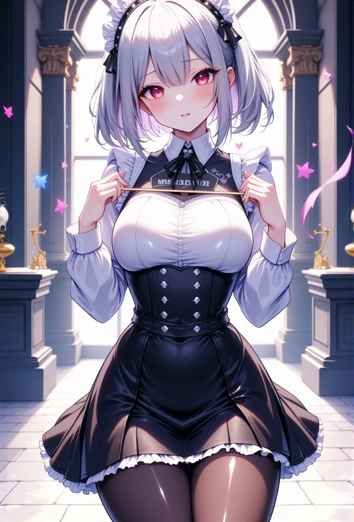 One cute girl,(Best Quality,Extremely detailed depiction,Incredibly absurd high definition,Anatomically accurate,Detailed pupil,Beautiful legs,Porcelain-like skin,High quality anime drawings:2.0),(Black and white gothic maid outfit:2.0,Maid Skirt,corset,Black tights),eyelash,(Silver Hair,Red Eyes,Eyes half closed:2.0,Embarrassed look:2.0,Large Breasts,Black lips:2.3,Heavy makeup,blush),(whole body),background:Castle,Bright atmosphere,「wish１００」He is holding up a message board in front of his chest that reads::2.0