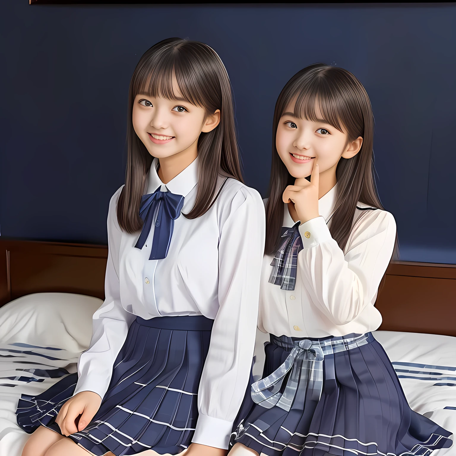 (Highest quality, masterpiece:1.2), Highest quality, High resolution, 1080P, 8k, height: 158cm, (Cute twins: 1.7), (Noble, Japanese **** truly-girly-girl is seated on a blue gorgeous bed and smiling directly at me in school uniform, blushed shyly, Hypnotizing me with her cuteness: 1.8), well-grown breast and nice style, (well arranged, balanced, untied, neat glossy wavy wavy super-long hair), (Half-closed, Very sleepy, Double-deep-eyelids, completely balanced, brown large large dreaming Japanese **** eyes, with detailed beautifully: 1.6), (Very-glossy lustrous lips: 1.8), (high nose: 1.2), (Rich and long bottom-eye-slashes: 1.2), (Drives me crazy for her navy-colored neat tartan plaid blue skirts and make me fall into her navy-colored plaid-print pleats skirt: 1.4), (Fine white-face that looks like she has never been out of home: 1.6), (Noble ****ta girly feminine frilled frilled clean frilled white girly long-sleeves blouse: 1.6), (Navy pleated plaid skirt: 1.5), (Plain-white big ribbon on the breast), (The background is a hypnotizing blue bed of evil-succubus background: 1.8), (Girl whom everyone loves because of her beauty and neat school fashion and noble manner and magic-charm of succubus: 1.7), (full body shot from above her head), (jolly face expression), (evenly cut curled glossy rich beautiful bangs: 1.6), (bright light hitting her white-face and skirt clearly beautifully), white-shining skin, (She is touching her lips with her both hands finger: 1.2)