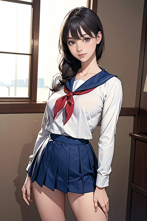 (masterpiece:1.2, highest quality), (realistic, photorealistic:1.4), beautiful illustrations, (natural side lighting, movie lighting), beautiful thighs, Front view, 1 girl, high school girl, 15 years old, perfect face, Cute symmetrical face, shiny skin, ランダムなカラーのsailor suit、
(random hairstyle、blonde), Big eyes, long eyelashes chest), thin, expensive、
beautiful hair, beautiful face, fine and beautiful eyes, beautiful clavicle, beautiful body, beautiful breasts, beautiful thighs, beautiful feet, beautiful fingers, 
((High-quality fabric, sailor suit, navy pleated skirt)), 
(beautiful scenery),Are standing, (smile, Superior, open your mouth),  (((skirt lift, Colorful panties are visible)))