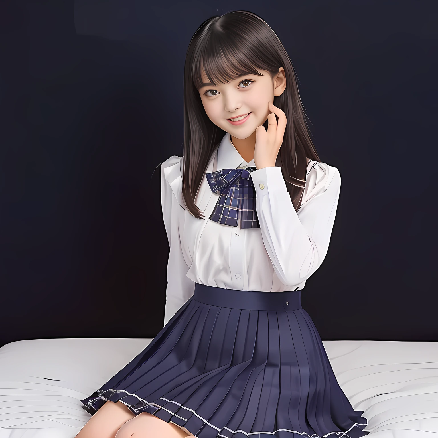 (Highest quality, masterpiece:1.2), Highest quality, High resolution, 1080P, 8k, height: 158cm, (Cute twins: 1.7), (Noble, Japanese **** truly-girly-girl is seated on a blue gorgeous bed and smiling directly at me in school uniform, blushed shyly, Hypnotizing me with her cuteness: 1.8), well-grown breast and nice style, (well arranged, balanced, untied, neat glossy wavy wavy super-long hair), (Half-closed, Very sleepy, Double-deep-eyelids, completely balanced, brown large large dreaming Japanese **** eyes, with detailed beautifully: 1.6), (Very-glossy lustrous lips: 1.8), (high nose: 1.2), (Rich and long bottom-eye-slashes: 1.2), (Drives me crazy for her navy-colored neat tartan plaid blue skirts and make me fall into her navy-colored plaid-print pleats skirt: 1.4), (Fine white-face that looks like she has never been out of home: 1.6), (Noble ****ta girly feminine frilled frilled clean frilled white girly long-sleeves blouse: 1.6), (Navy pleated plaid skirt: 1.5), (Plain-white big ribbon on the breast), (The background is a hypnotizing blue bed of evil-succubus background: 1.8), (Girl whom everyone loves because of her beauty and neat school fashion and noble manner and magic-charm of succubus: 1.7), (full body shot from above her head), (jolly face expression), (evenly cut curled glossy rich beautiful bangs: 1.6), (bright light hitting her white-face and skirt clearly beautifully), white-shining skin, (She is touching her lips with her both hands finger: 1.2)