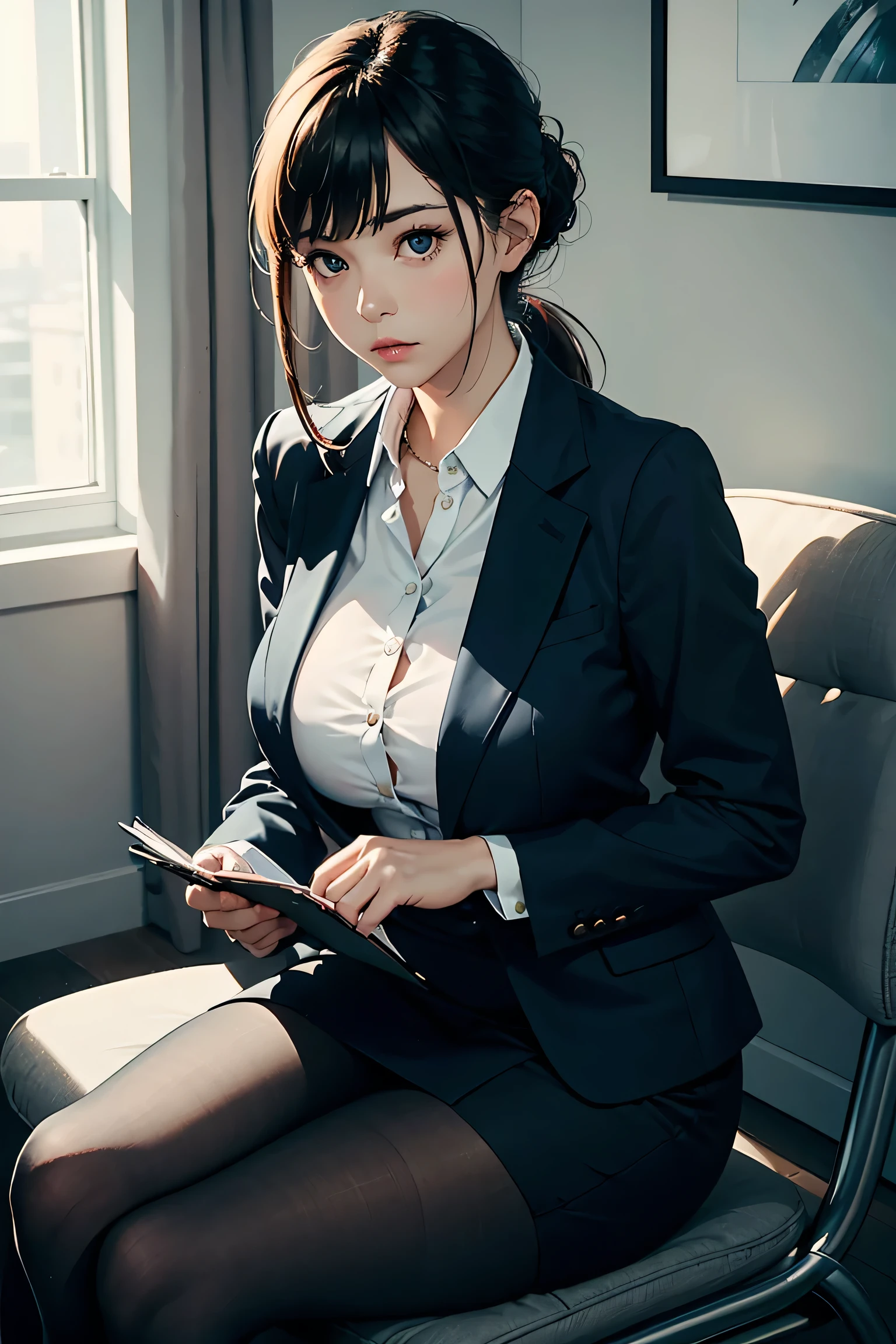 Italian woman、20yr old、Human skin feel、Realistic Woman、OL、Wear a suit、Stockings、ty、s Office、Solo Shot、short-cut、Soft smile、brown haired